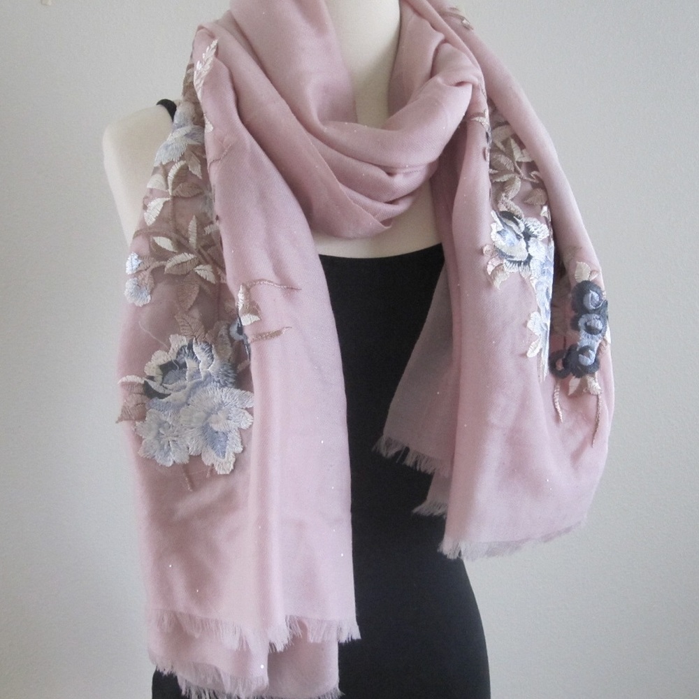 Flower Sequin Embroidered Cashmere Scarf Shawl New